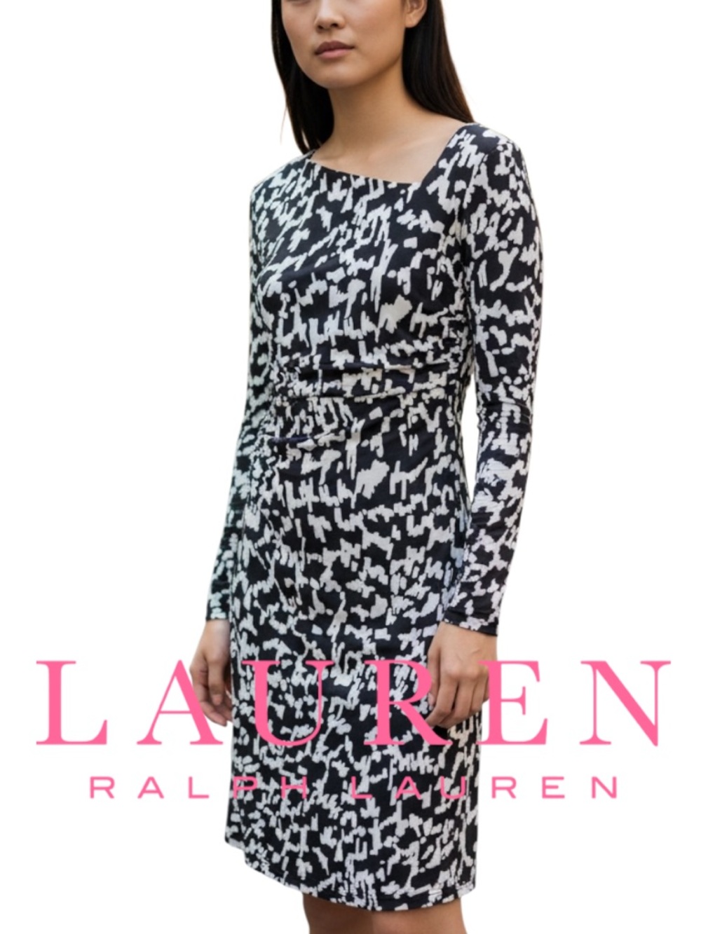 Lauren RL Black/White Print Asymmetric V-Neck Side Ruche Midi Dress (10)